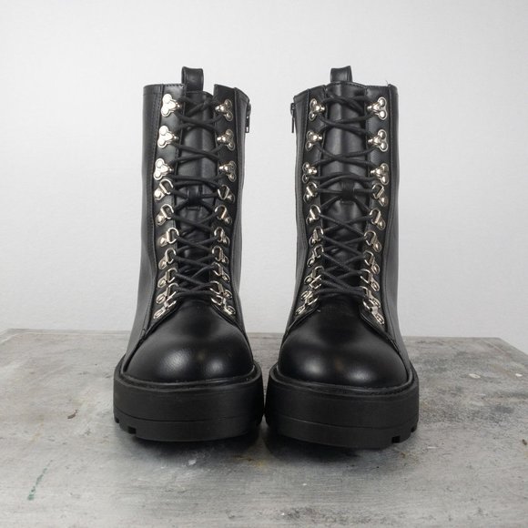 SOLD Nasty Gal Combat Moto Boots Faux Leather Size 9 Chunky Heeled Biker Ankle - Picture 3 of 7